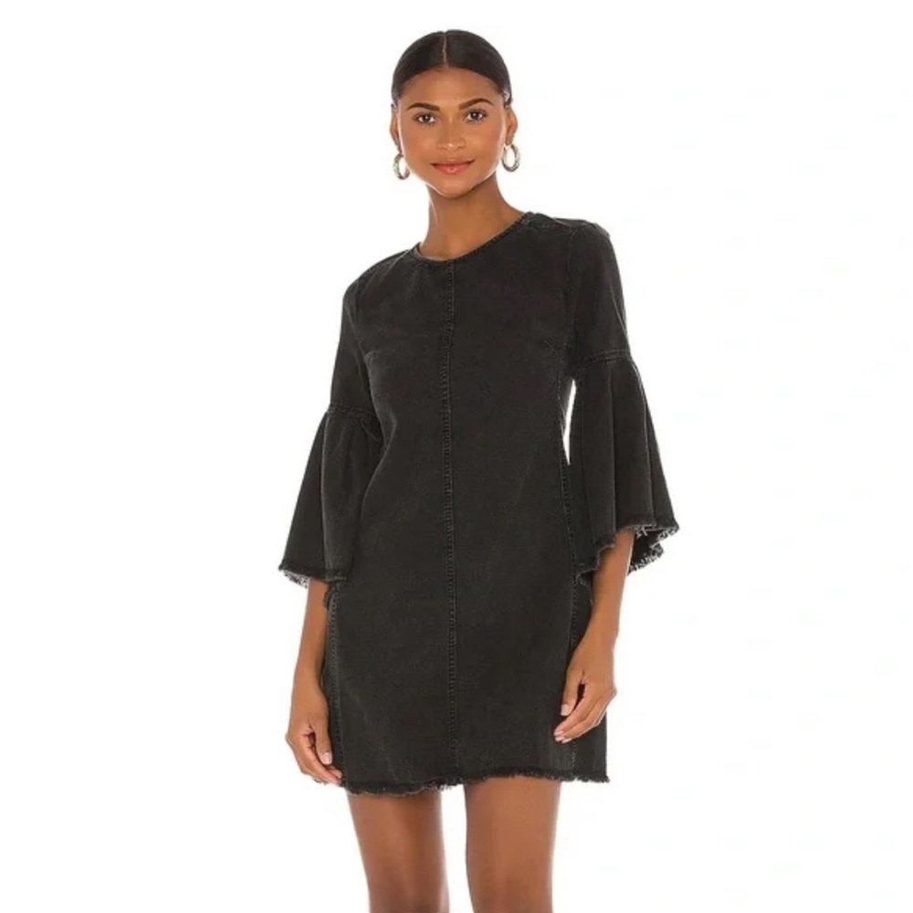 Free People Reckless Life Denim Dress Washed Black Bell Sleeve V Back Size 4